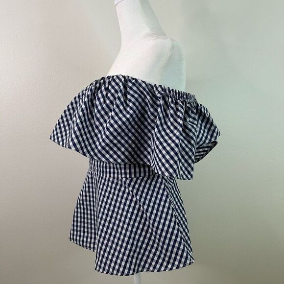 Boston Proper Off Shoulder‎ Gingham Peplum Top Size 8 Navy Preppy Country Ruffle - Picture 3 of 10
